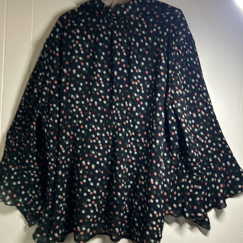 ASOS Womens Pleated Polka Dot 18/20W Blouse Black Sheer Bell Sleeve Flowy Top - Picture 9 of 13